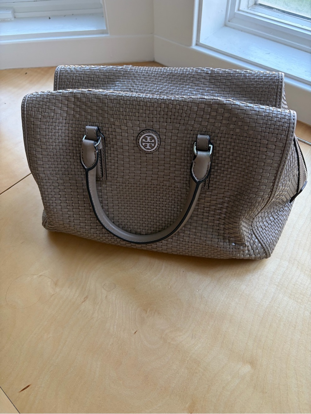 Tory Burch Taupe Woven Leather Tote